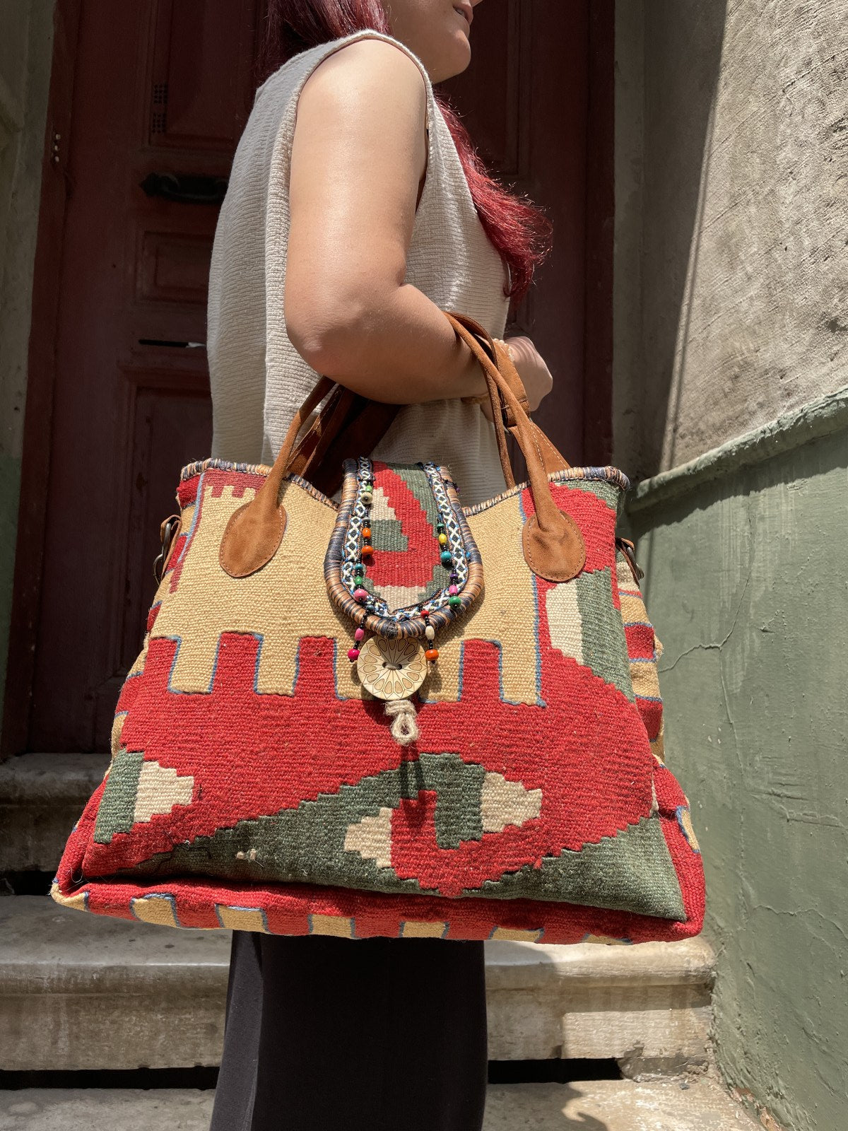 Bohem Laptop Kırmızı Haki Omuz Çantası