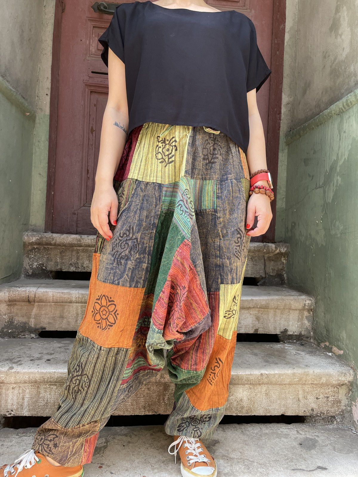 Unisex Nepal Antresit Dalga Patchwork Festival Şalvar Pantolon