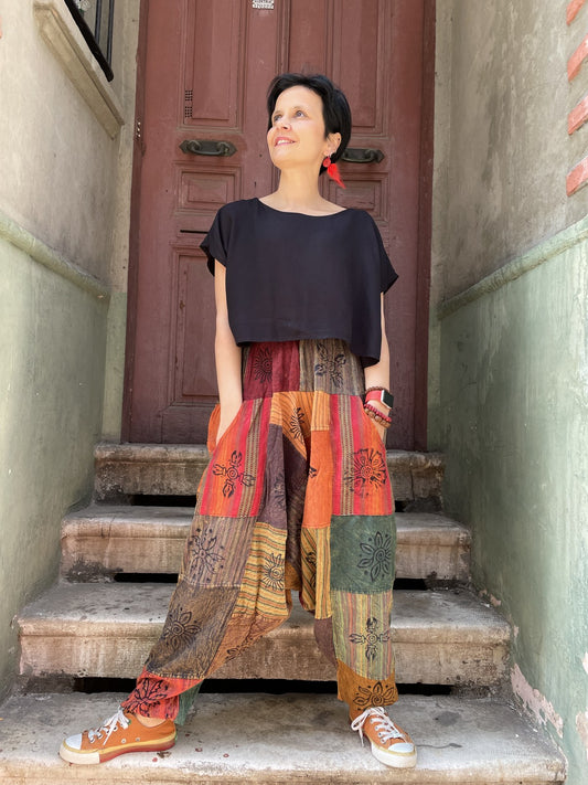 Unisex Nepal Turuncu Güneş Patchwork Şalvar Pantolon