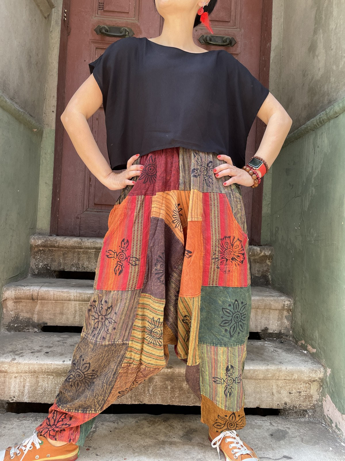 Unisex Nepal Turuncu Güneş Patchwork Şalvar Pantolon