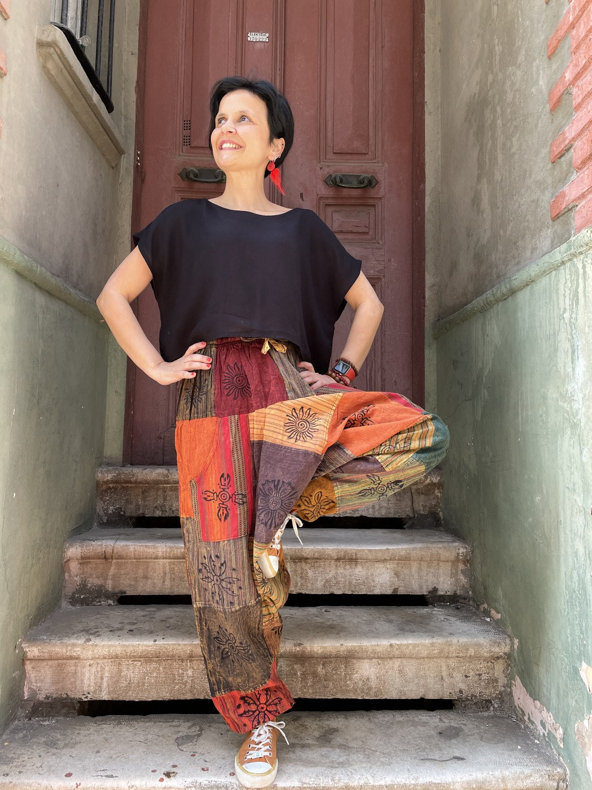 Unisex Nepal Turuncu Güneş Patchwork Şalvar Pantolon