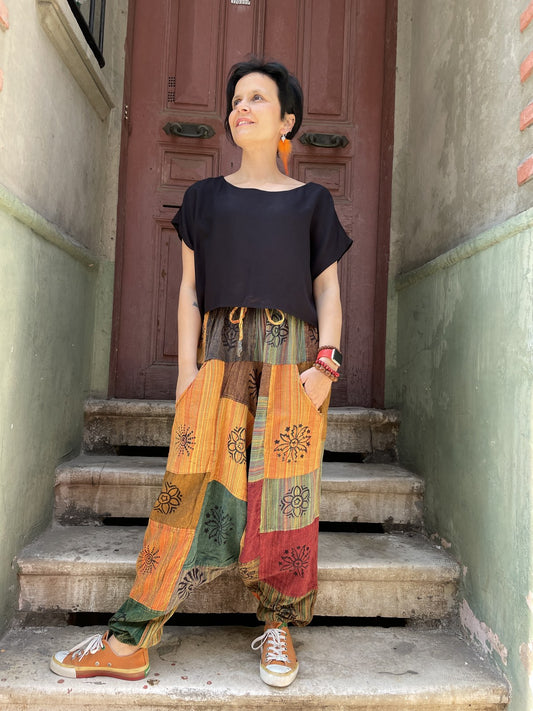 Unisex Nepal Sarı Güneş Patchwork Şalvar Pantolon