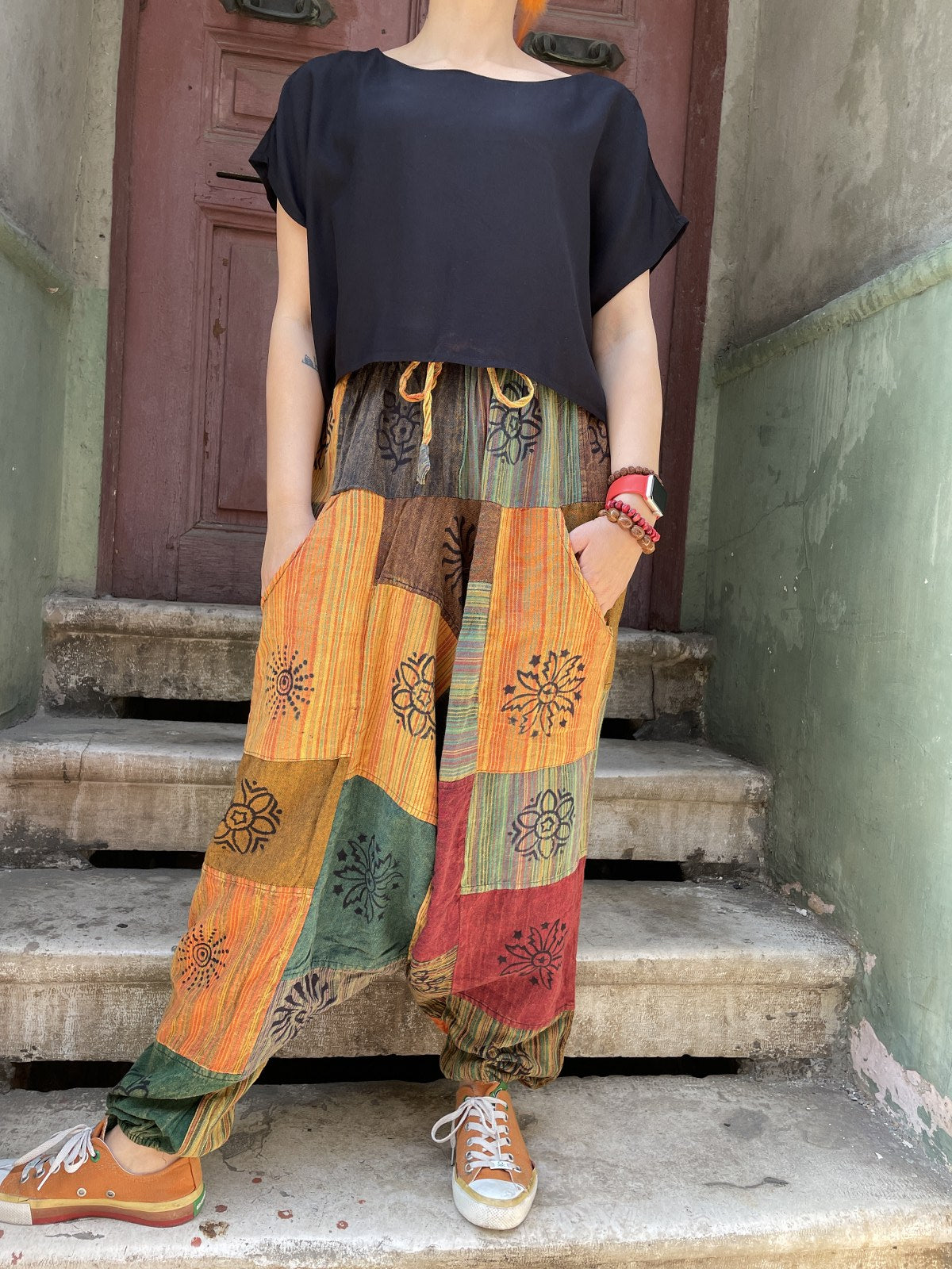 Unisex Nepal Sarı Güneş Patchwork Şalvar Pantolon