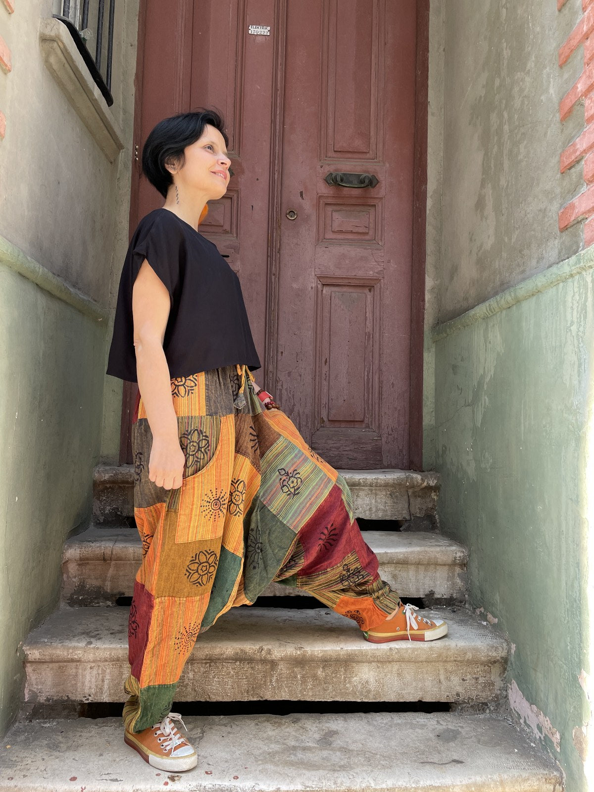 Unisex Nepal Sarı Güneş Patchwork Şalvar Pantolon