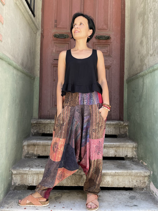 Unisex Nepal Patchwork Mavi Nükleer Şalvar Pantolon