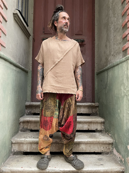 Unisex Nepal Patchwork Yeşil Çiçek Şalvar Pantolon