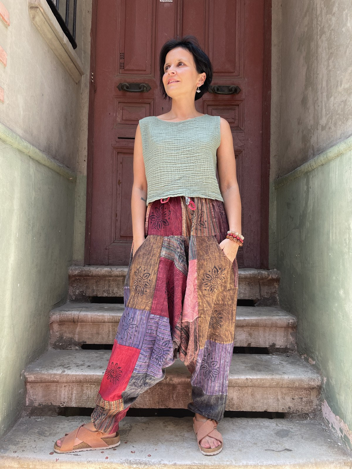 Unısex Nepal Patchwork Kahve Çiçek Şalvar Pantolon
