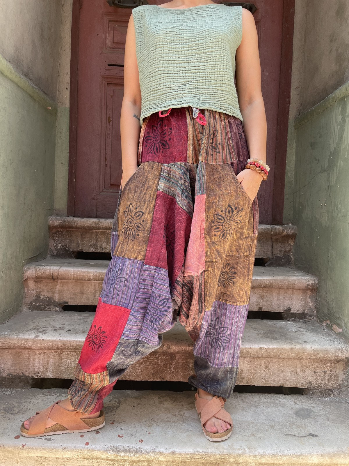 Unısex Nepal Patchwork Kahve Çiçek Şalvar Pantolon