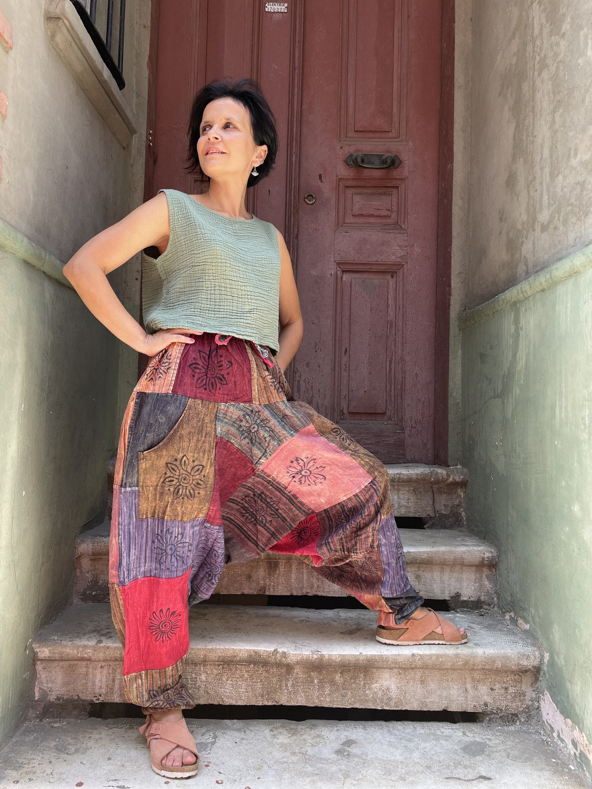 Unısex Nepal Patchwork Kahve Çiçek Şalvar Pantolon