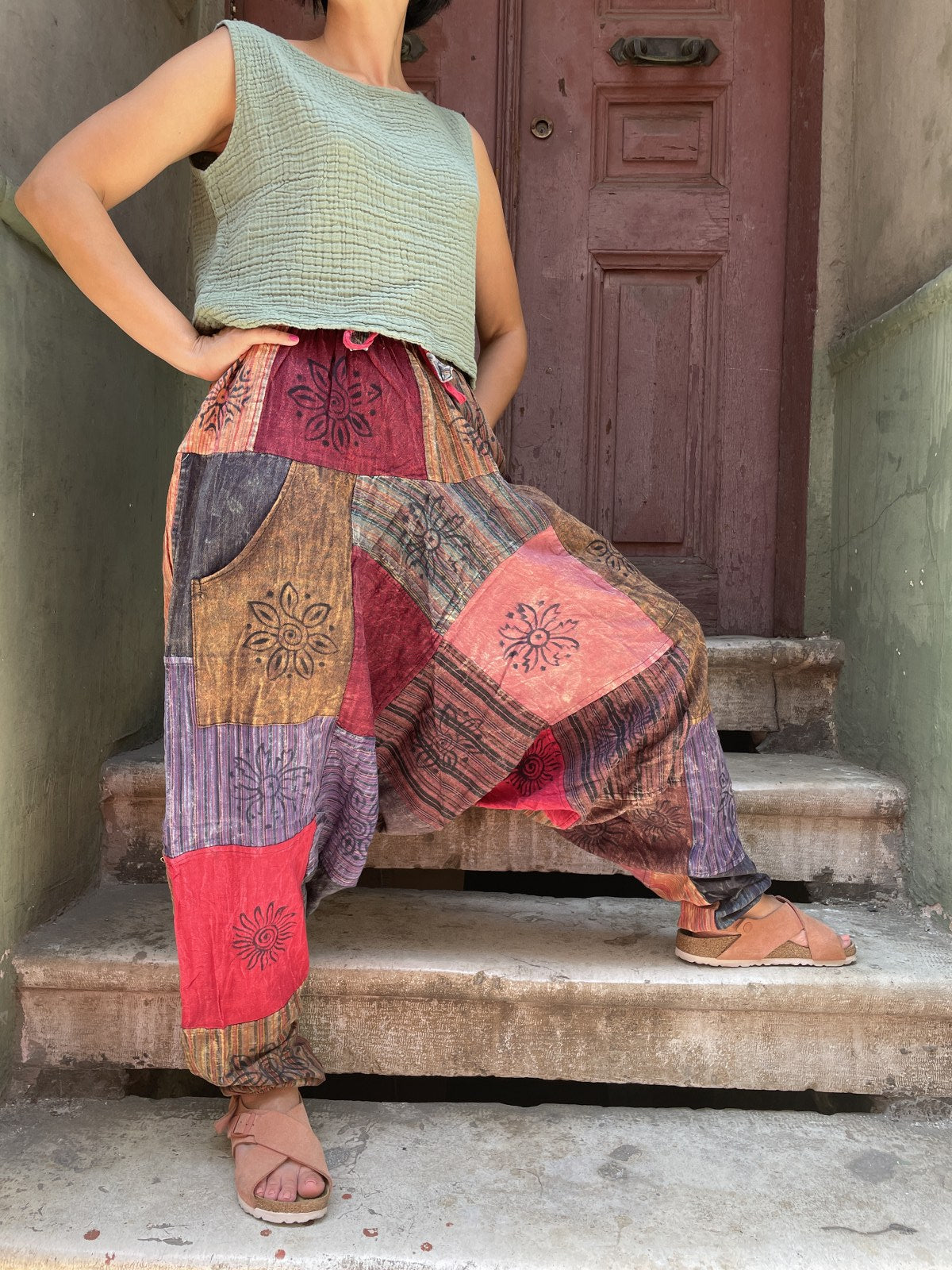 Unısex Nepal Patchwork Kahve Çiçek Şalvar Pantolon