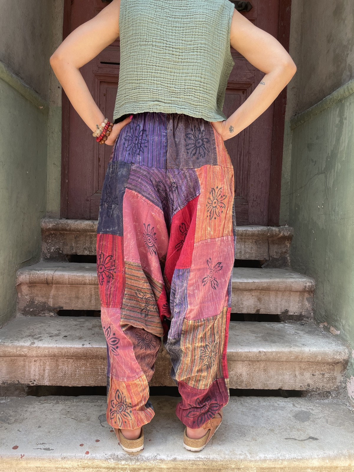 Unısex Nepal Patchwork Kahve Çiçek Şalvar Pantolon