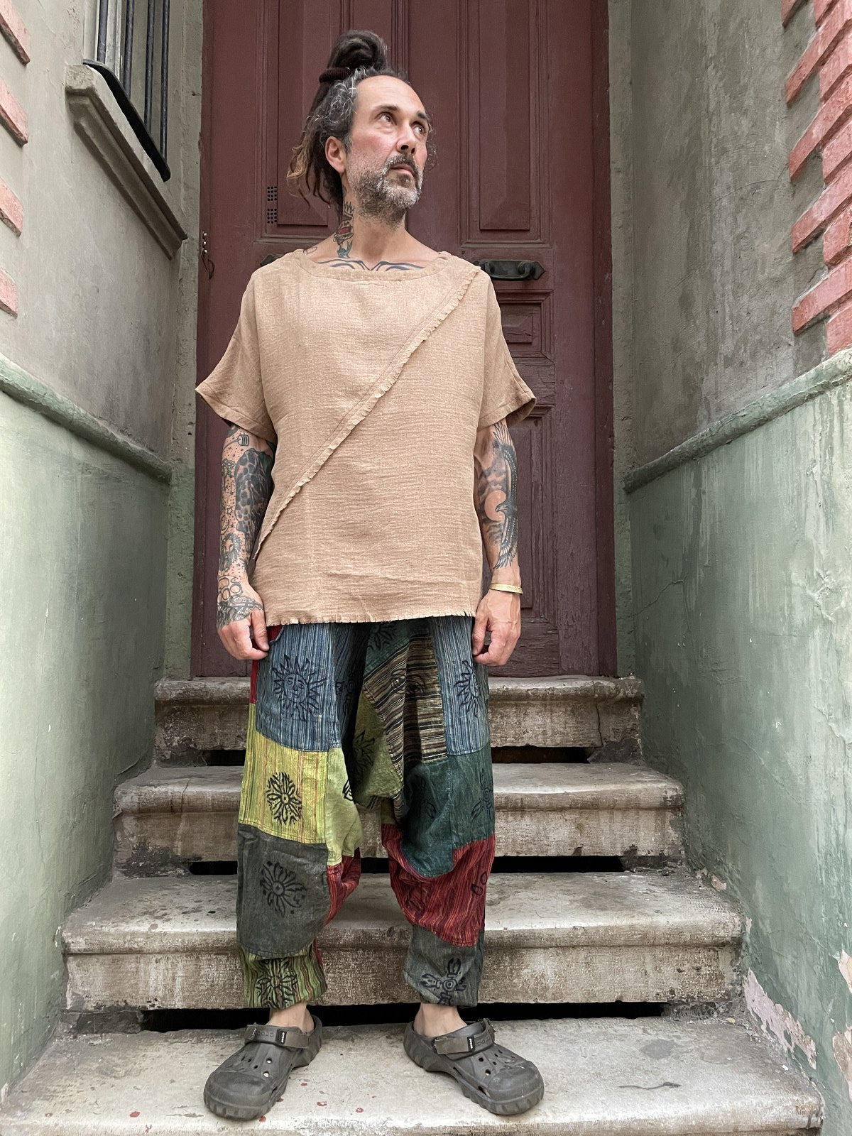 Unisex Nepal Patchwork Mavi Çizgili Güneş Şalvar Pantolon