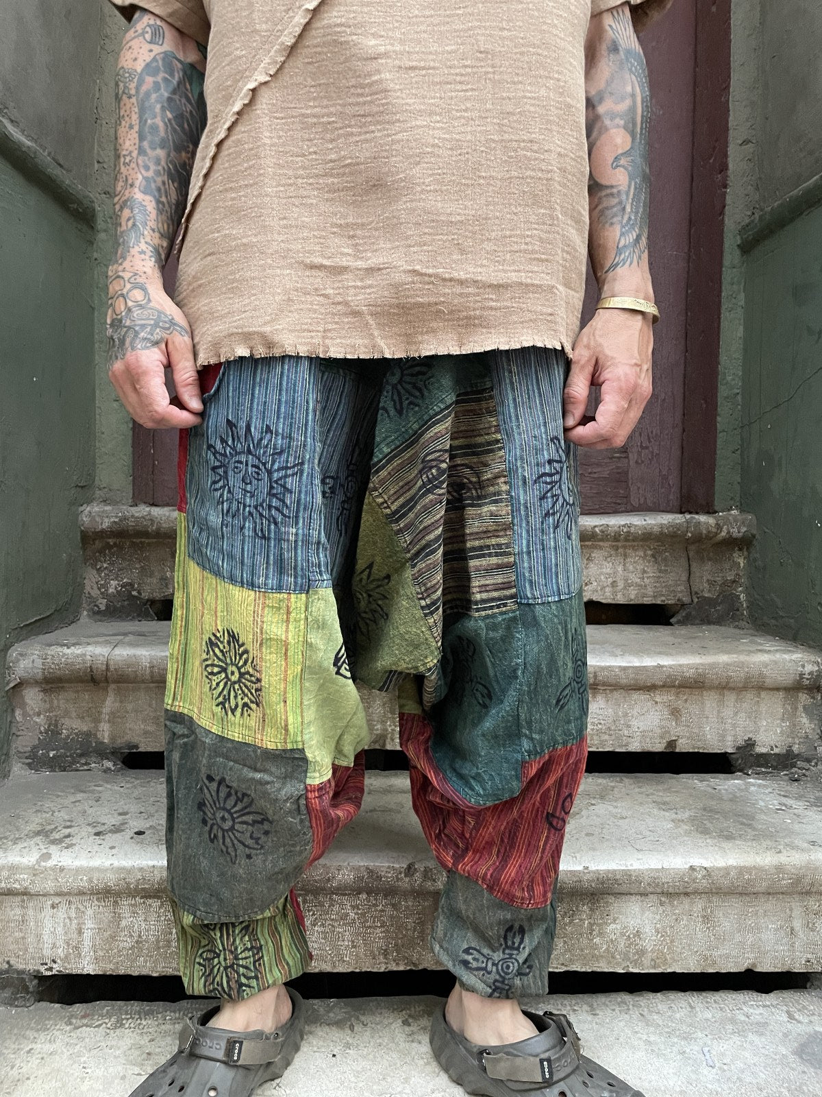 Unisex Nepal Patchwork Mavi Çizgili Güneş Şalvar Pantolon