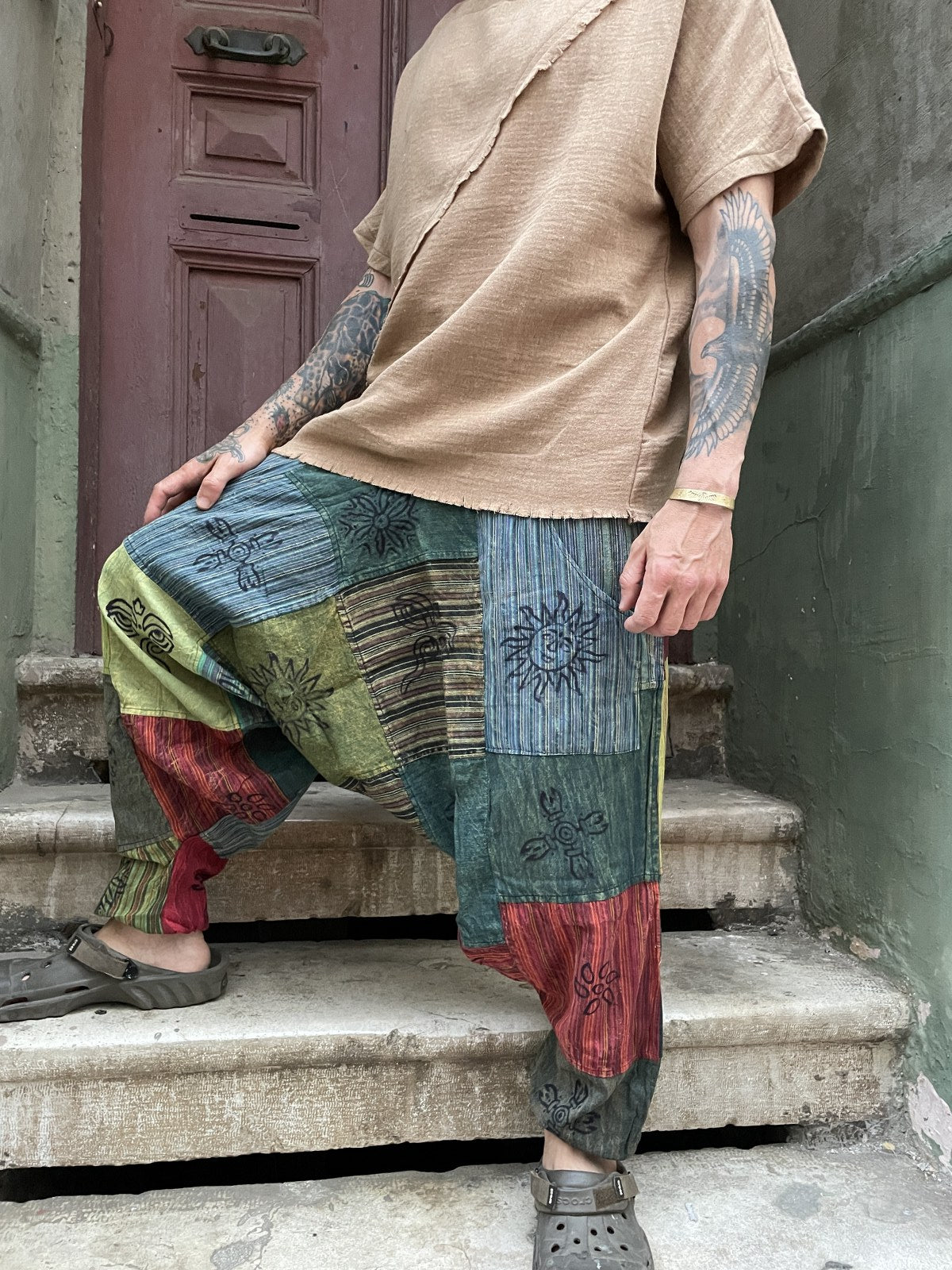Unisex Nepal Patchwork Mavi Çizgili Güneş Şalvar Pantolon