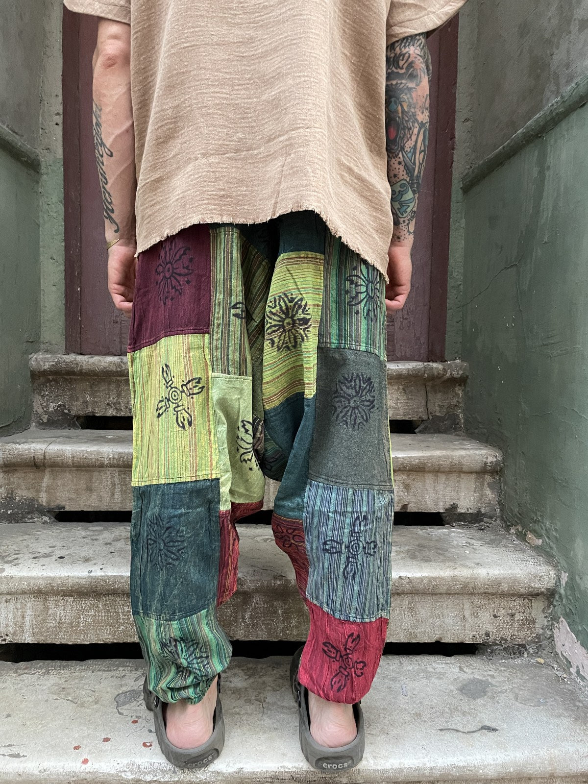Unisex Nepal Patchwork Mavi Çizgili Güneş Şalvar Pantolon