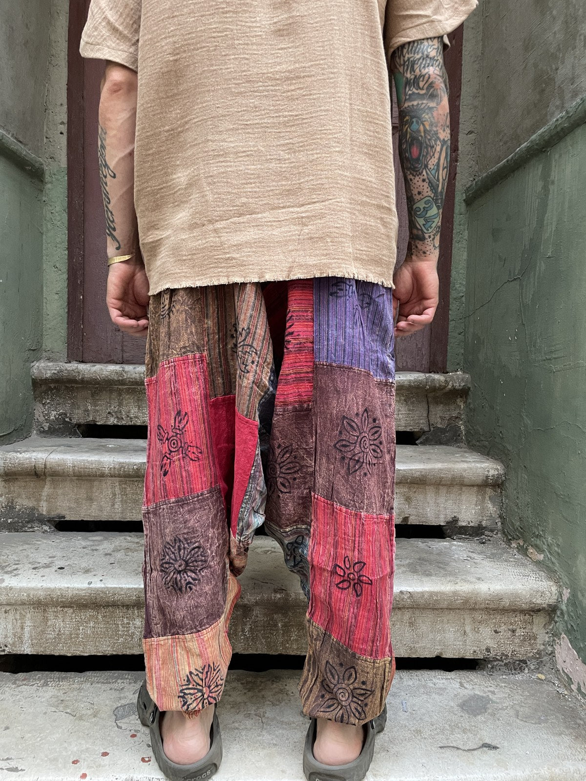 Düğmeli Unisex Nepal Patchwork Mavi Gri Aum Şalvar Pantolon