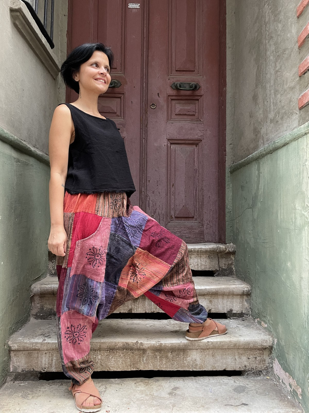 Unisex Nepal Patchwork Pembe Çiçek Şalvar Pantolon