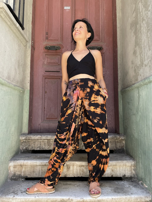 Batik Boyama Siyah Mor Kadın Pantolon