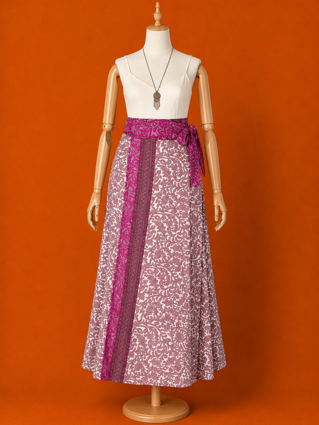 Çift Taraflı Uzun İpek Etek – Pembe Desenli Bohem Sarong Etek ve Elbise