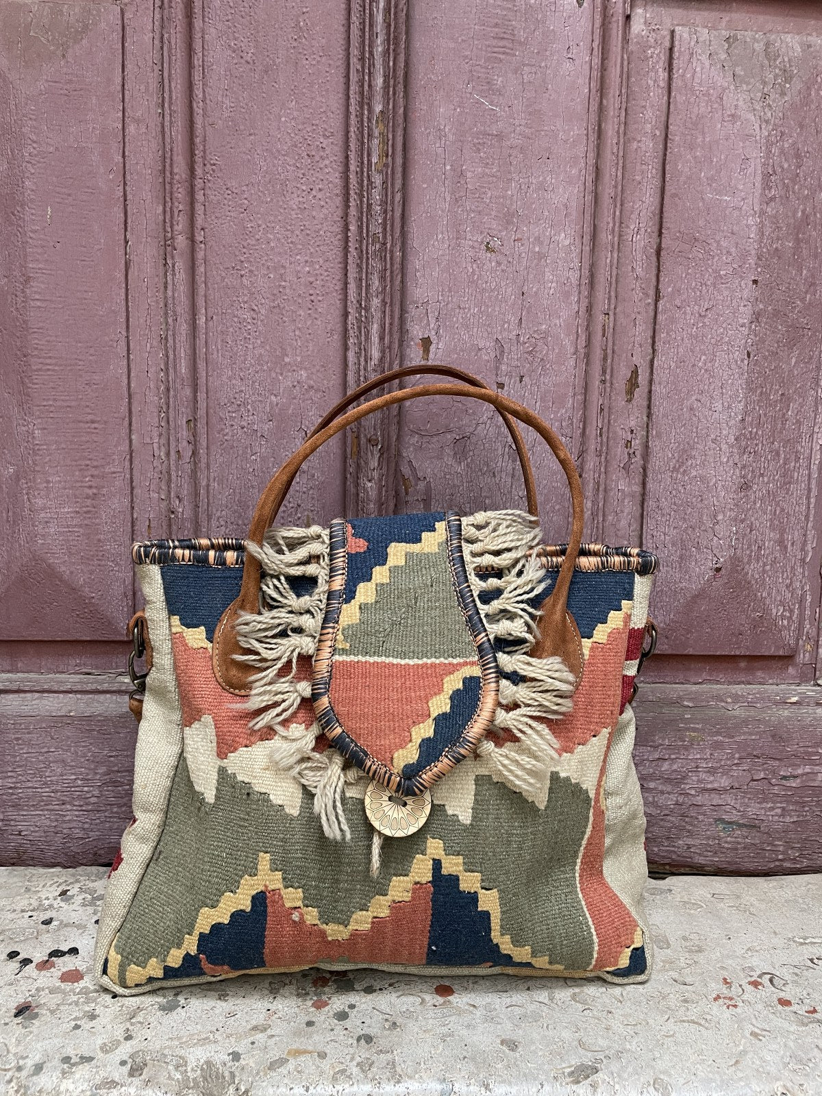 Bohem Laptop Kilim Bej Haki Omuz Çantası