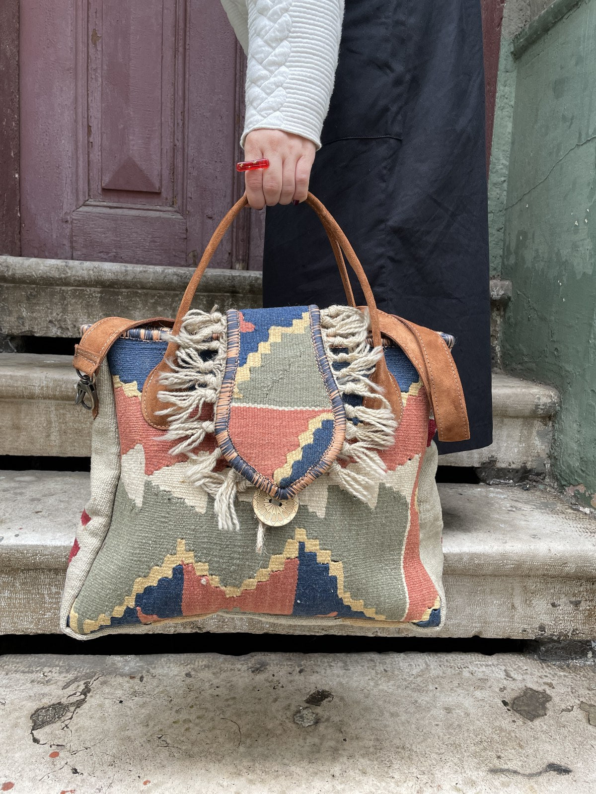 Bohem Laptop Kilim Bej Haki Omuz Çantası