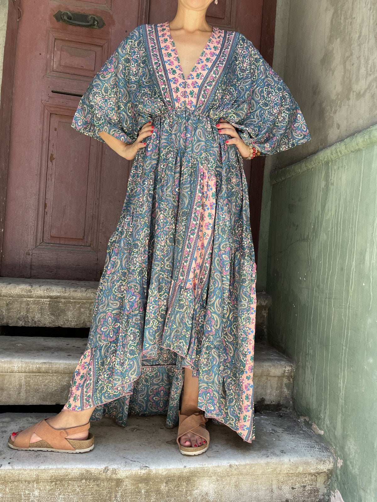 Bohem Nepal Kruveze Kol Mavi Pembe İpek Elbise