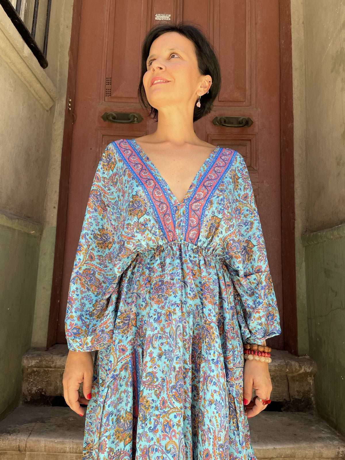 Bohem Nepal Kruveze Kol Soft Mavi İpek Elbise