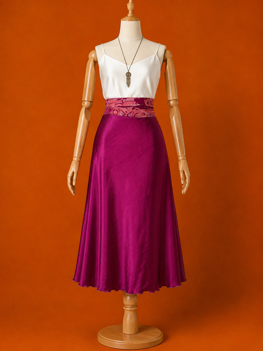 Çift Taraflı İpek Etek – Midi Boy, Mürdüm Desenli