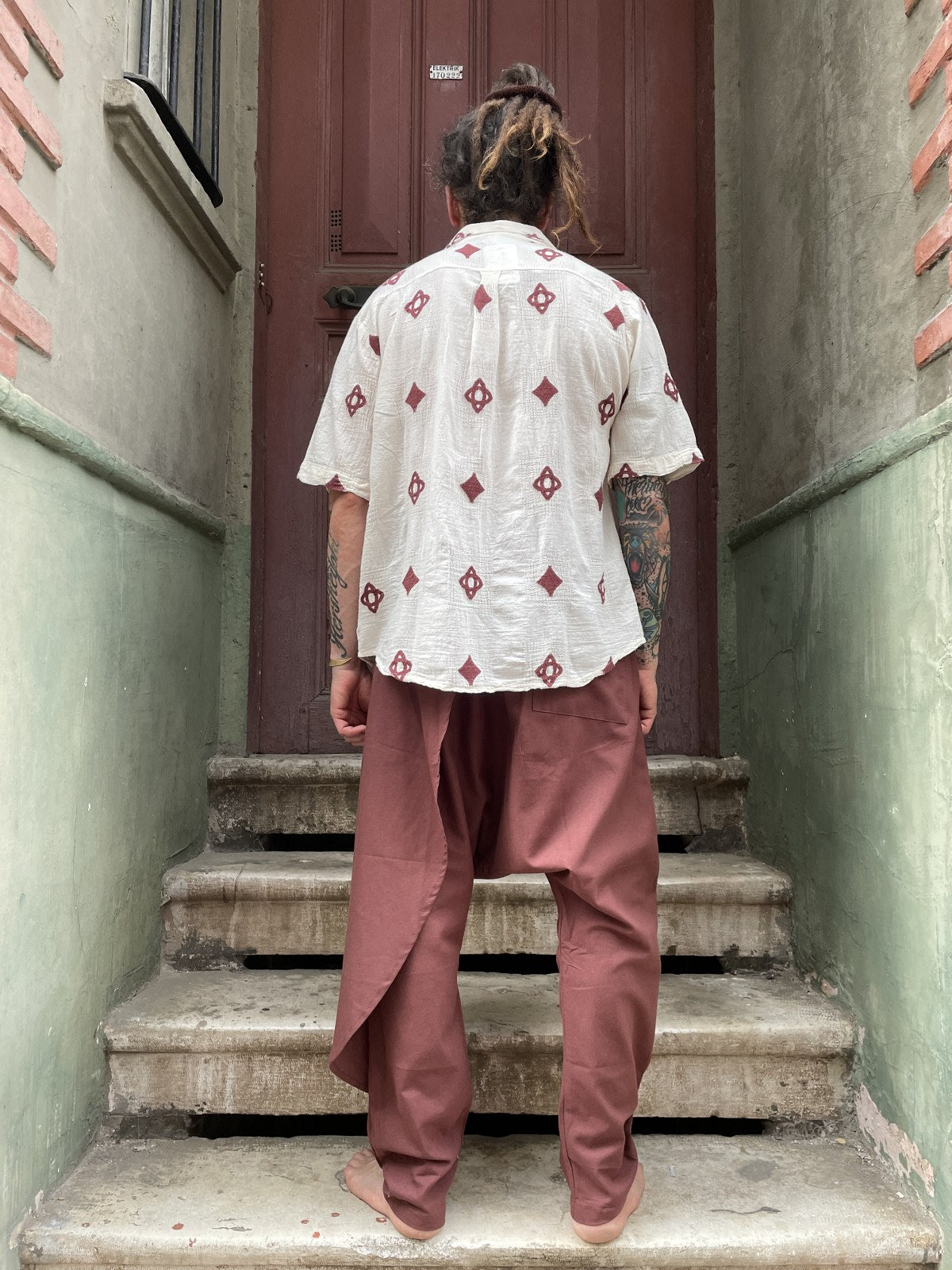 Bohem Bordürlü Kısa Kollu Bordo Krem Erkek Gömlek