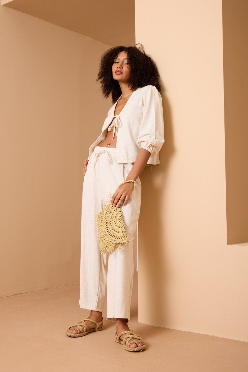 Bohem Keten Pamuk Düğmeli Yelek & Pantolon Takım – Krem
