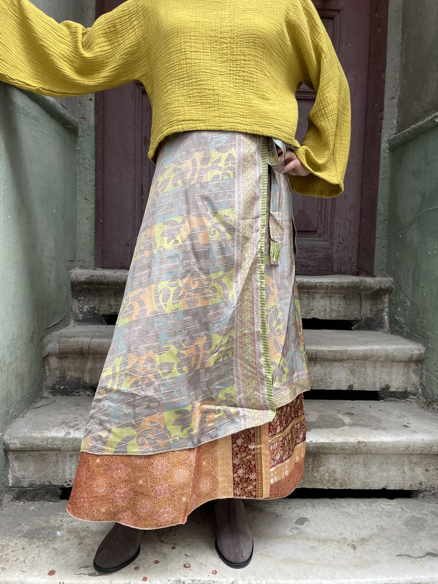 Bohem Sarı Bej Kahve Yeşil Çift Taraflı Bağlamalı İpek Etek