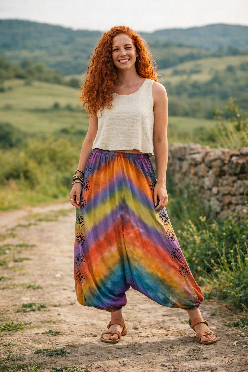 Rainbow | Batik Desenli %100 Pamuk Kadın Bohem Şalvar Pantolon