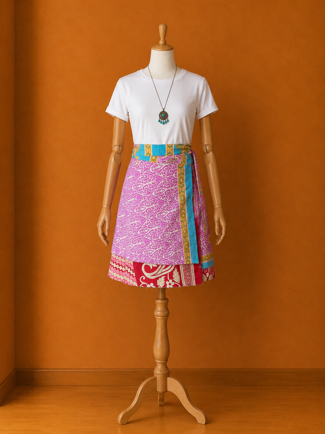 Çift Taraflı Kısa İpek Etek – Bohem Sarong Etek ve Elbise - Pembe Kırmızı Desenli