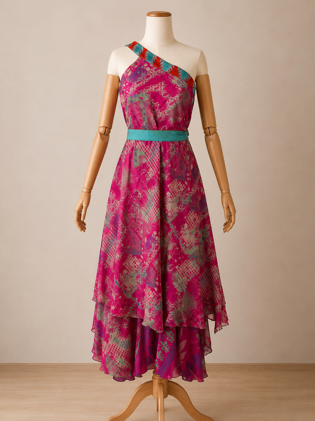 Çift Taraflı Bağlamalı İpek Etek Sarong – Pembe Mavi Desenli