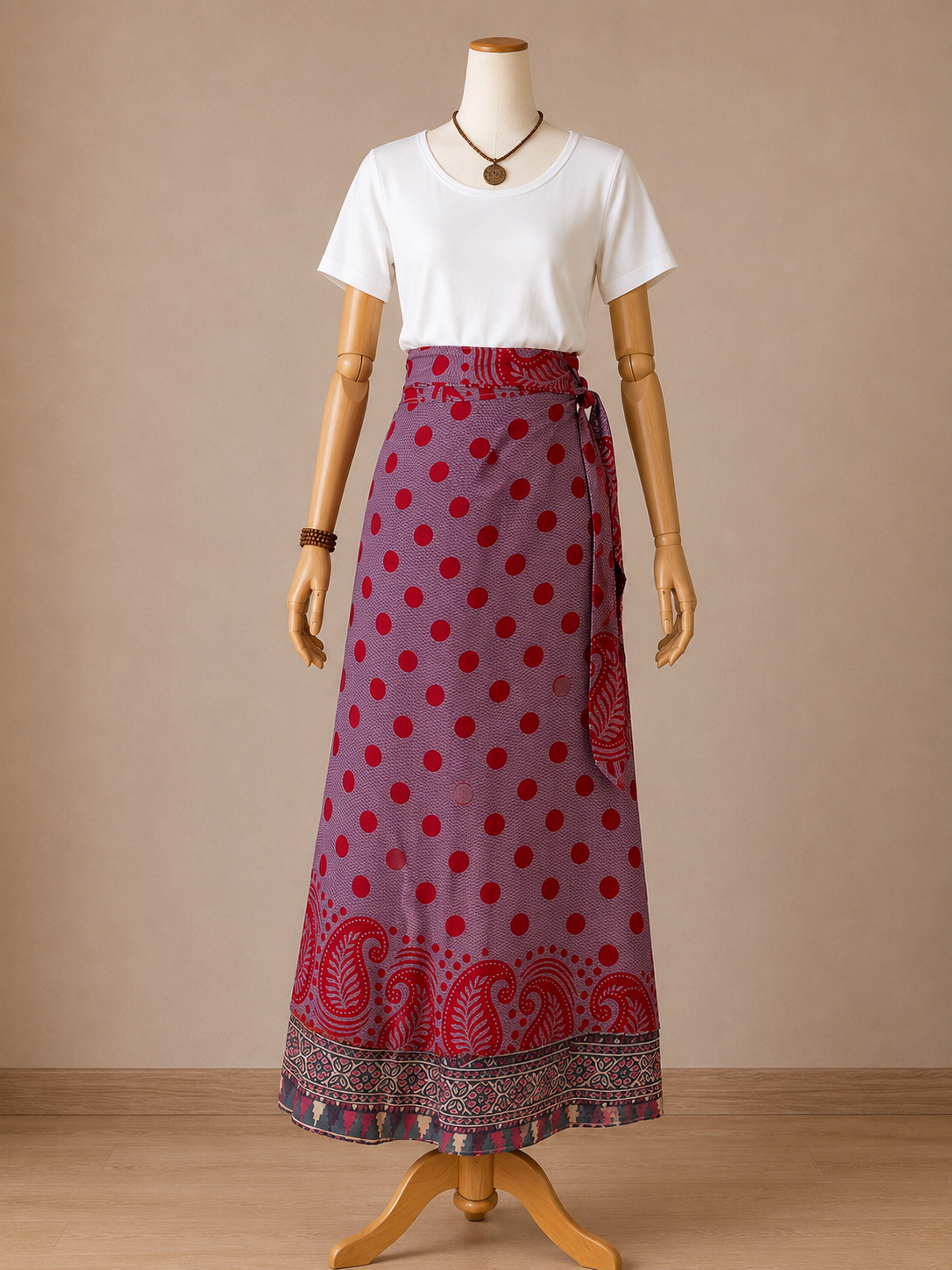 Çift Taraflı Bağlamalı İpek Etek Sarong – Lila Kırmızı Desenli