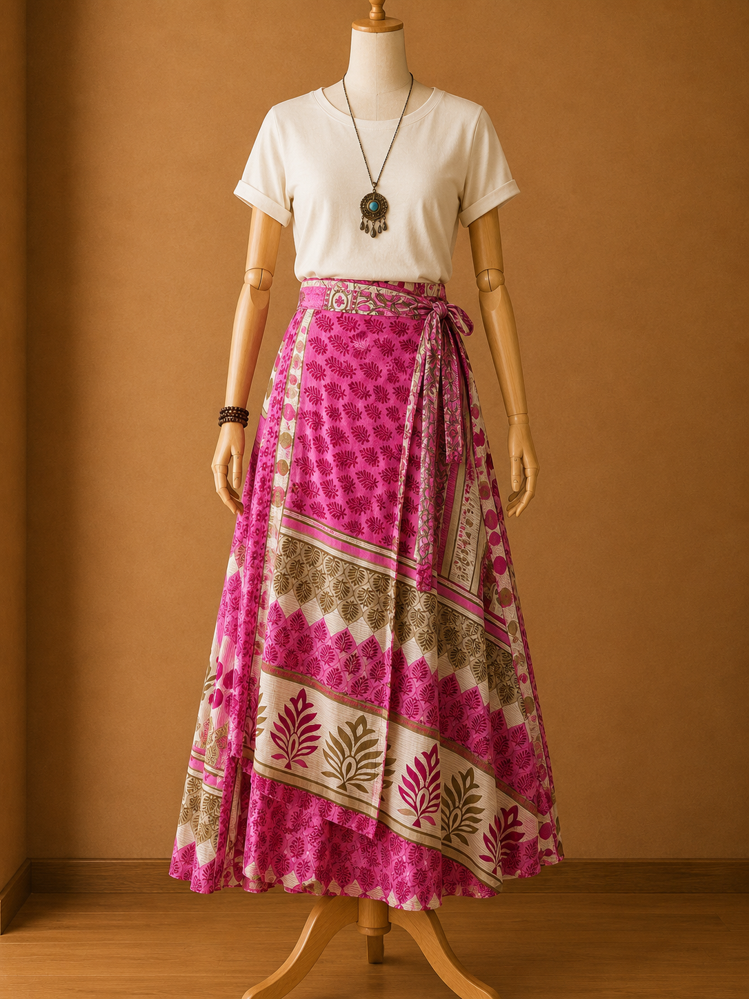 Çift Taraflı Bağlamalı İpek Etek Sarong – Pembe Desenli