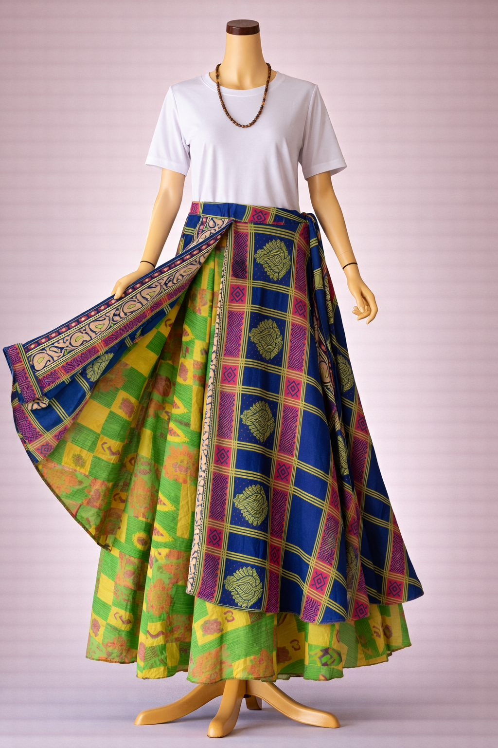 Çift Taraflı Bağlamalı İpek Etek – Mavi Yeşil Desenli (Nepal)