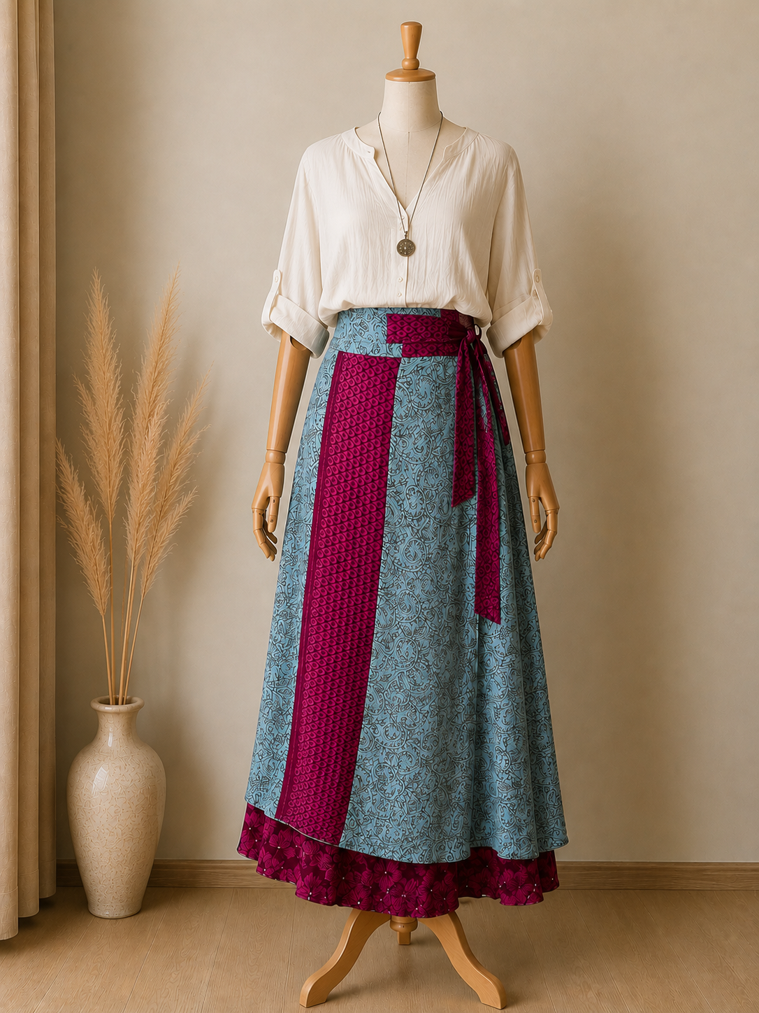 Çift Taraflı Bağlamalı İpek Etek Sarong – Mint Pembe Desenli
