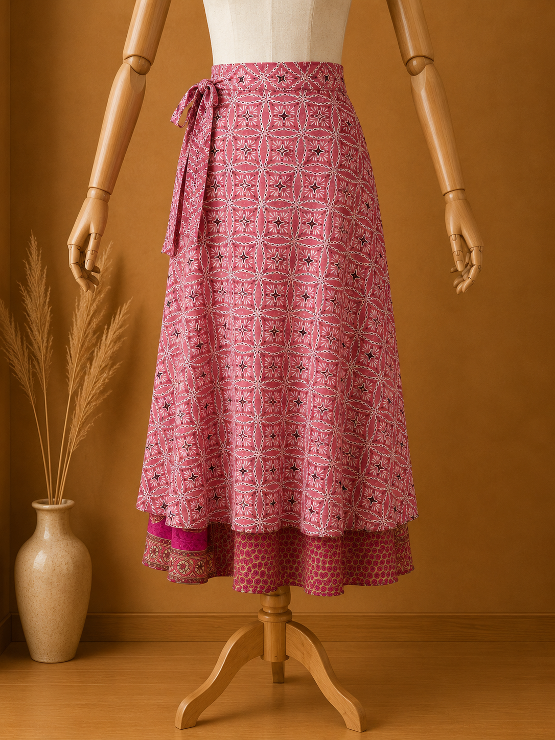 Çift Taraflı Bağlamalı İpek Etek Sarong – Gül Kurusu Pembe Desenli