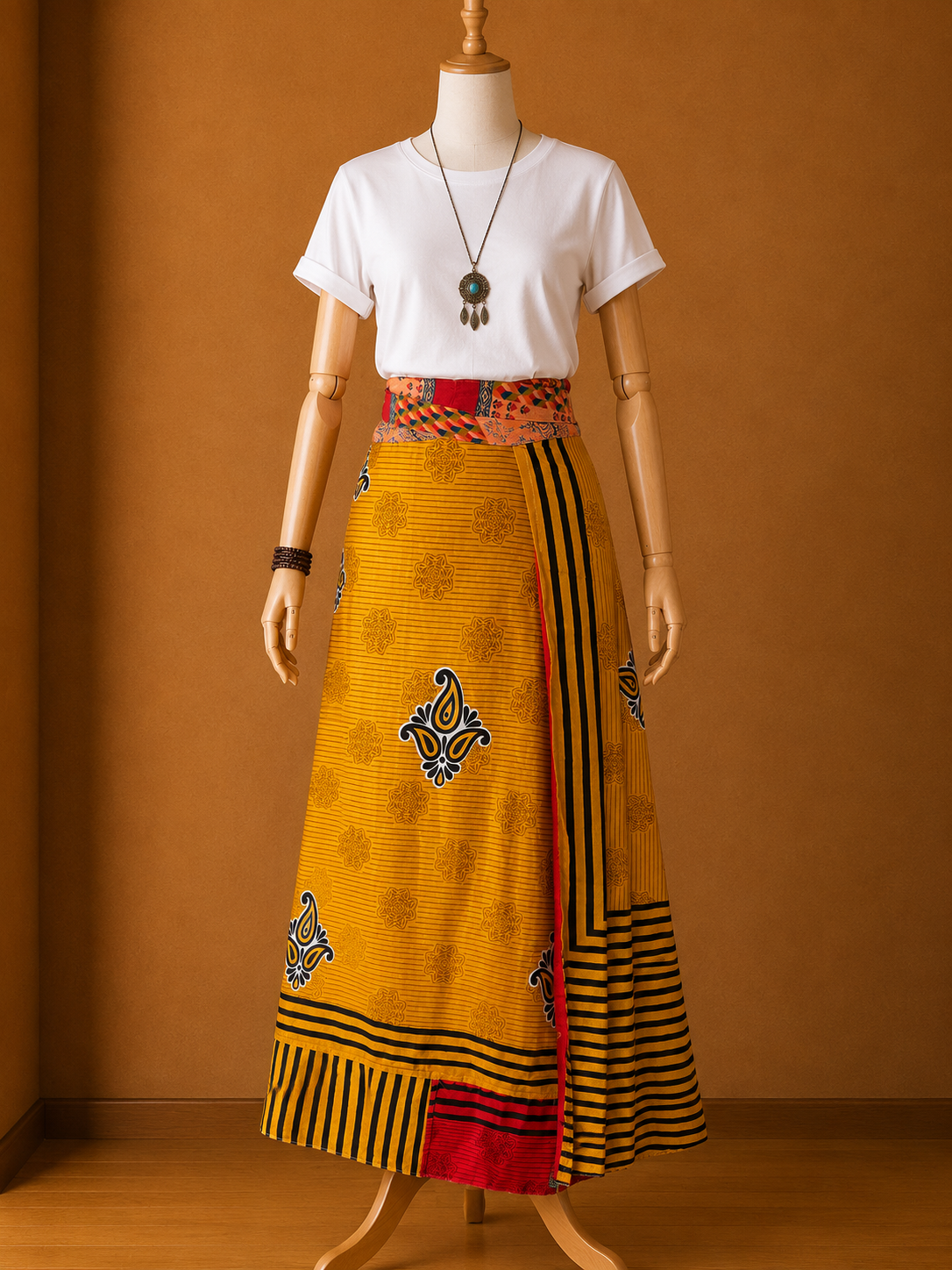 Çift Taraflı Bağlamalı İpek Etek Sarong – Soft Turuncu Hardal Desenli