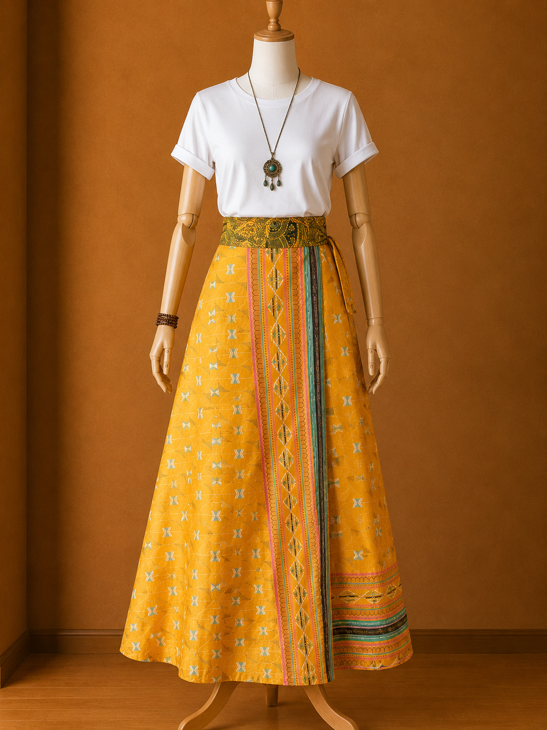 Çift Taraflı Bağlamalı İpek Etek Sarong – Sarı Siyah Desenli