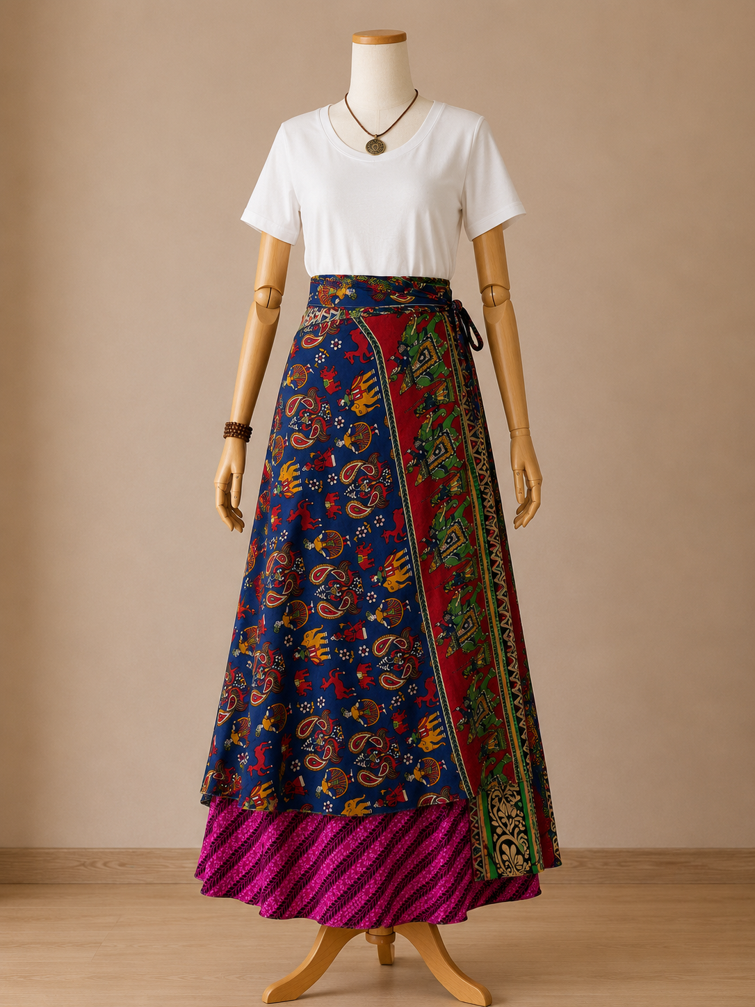 Çift Taraflı Bağlamalı İpek Etek Sarong – Fuşya Laci Desenli
