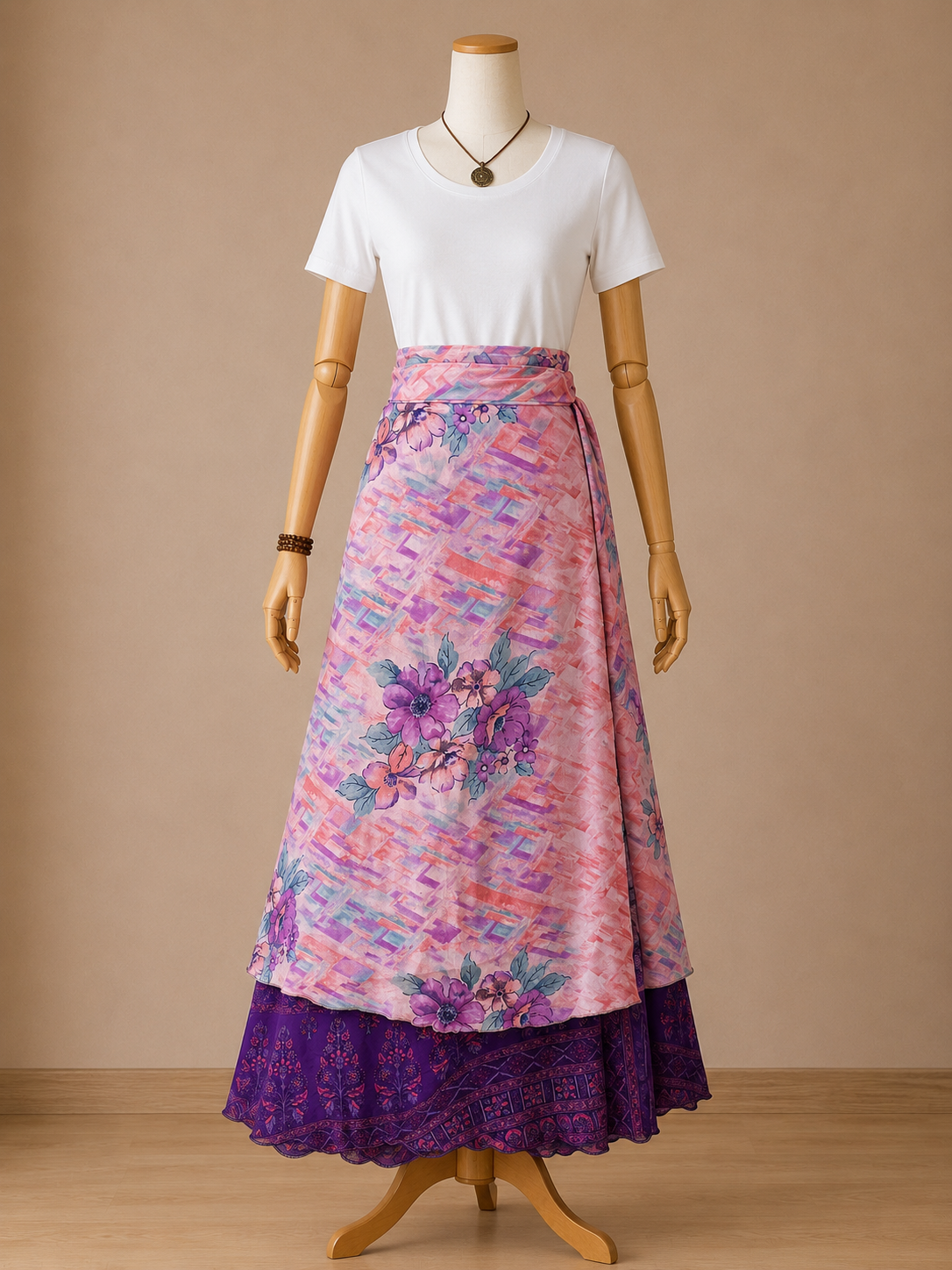Çift Taraflı Bağlamalı İpek Etek Sarong – Lila Desenli