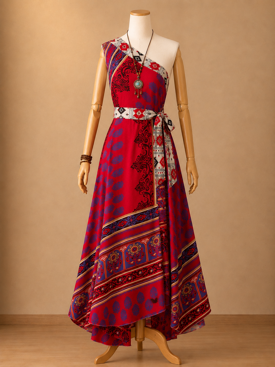Çift Taraflı Bağlamalı İpek Etek Sarong – Kırmızı Mor Desenli