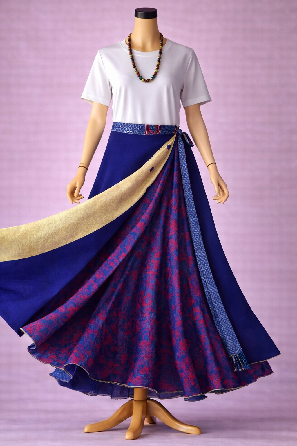 Çift Taraflı Bağlamalı İpek Etek – Saks Mavi Desenli (Nepal)