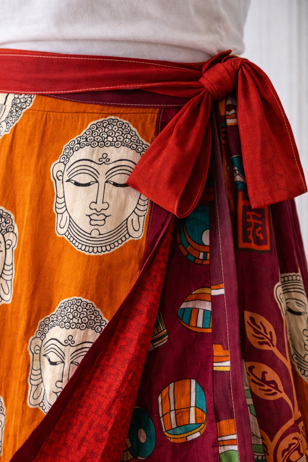 Bohem Nepal Buddha Desenli Bağlamalı İpek Etek
