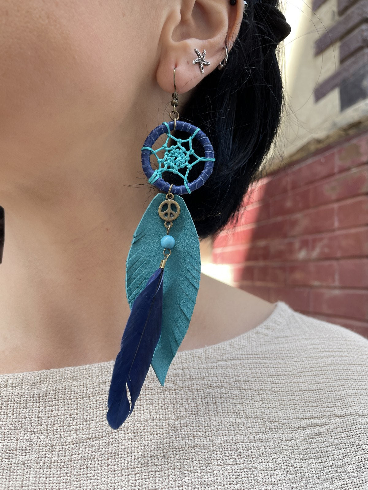 Bohem %100 Deri El Yapımı Mavi Dreamcatcher Küpe