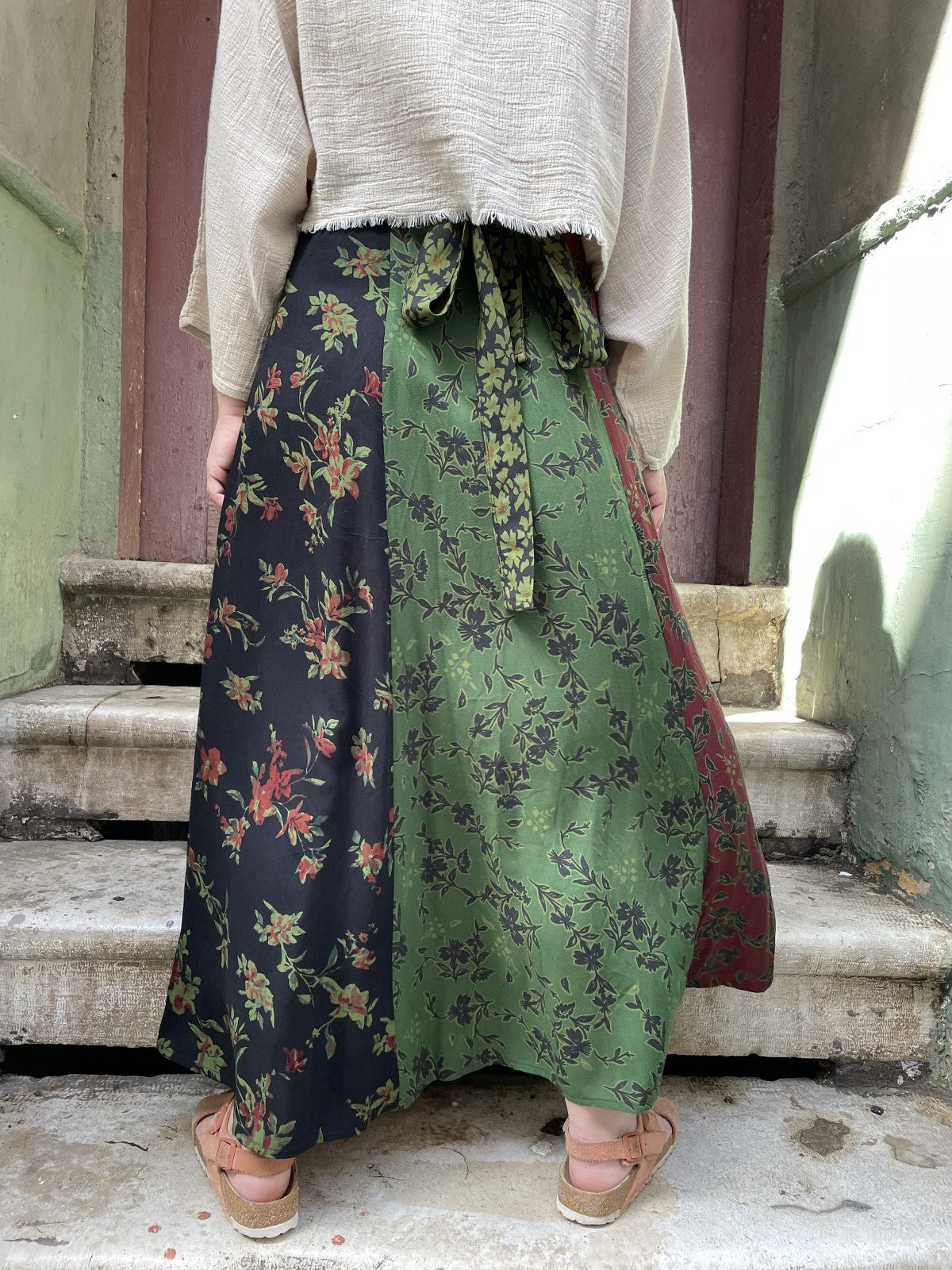 Bohem Yeşil Siyah Bağlamalı Etek