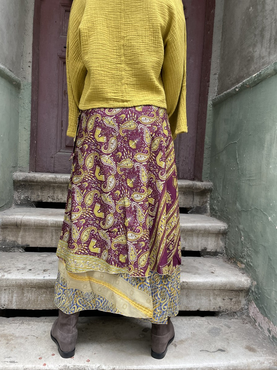 Çift Taraflı Bohem Nepal İpek Etek – Kahve & Sarı Desenli