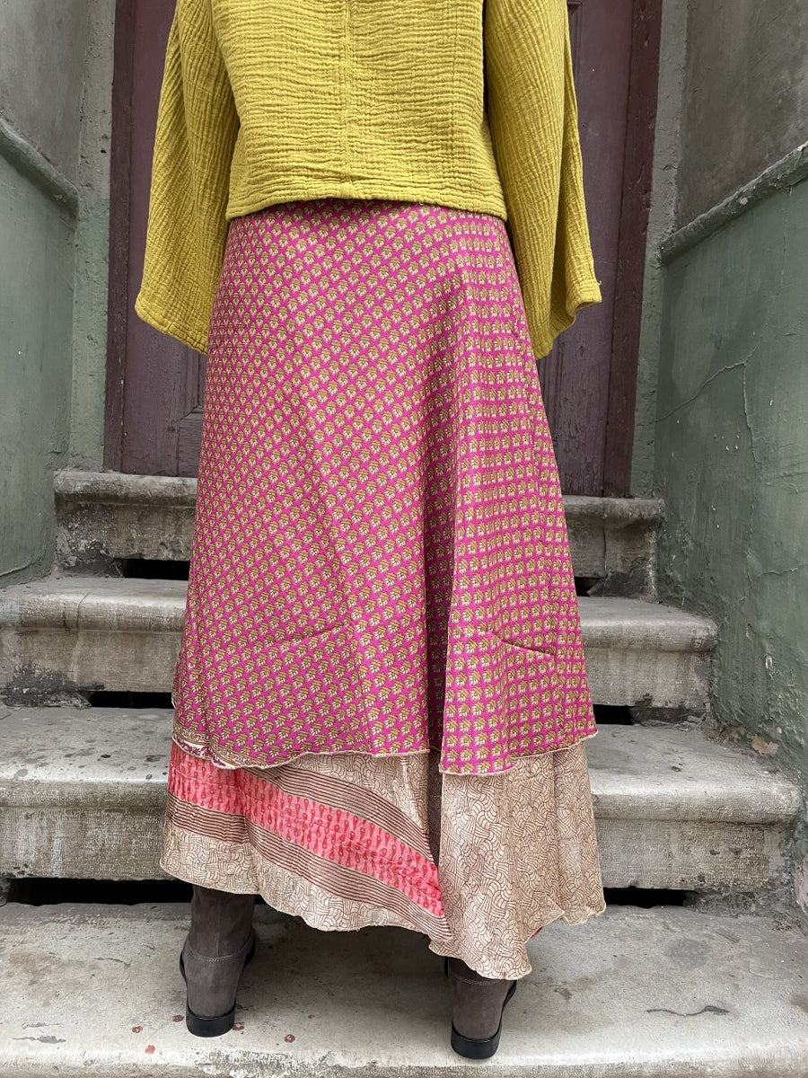 Bohem Nepal Bordo Desenli Bağlamalı İpek Etek